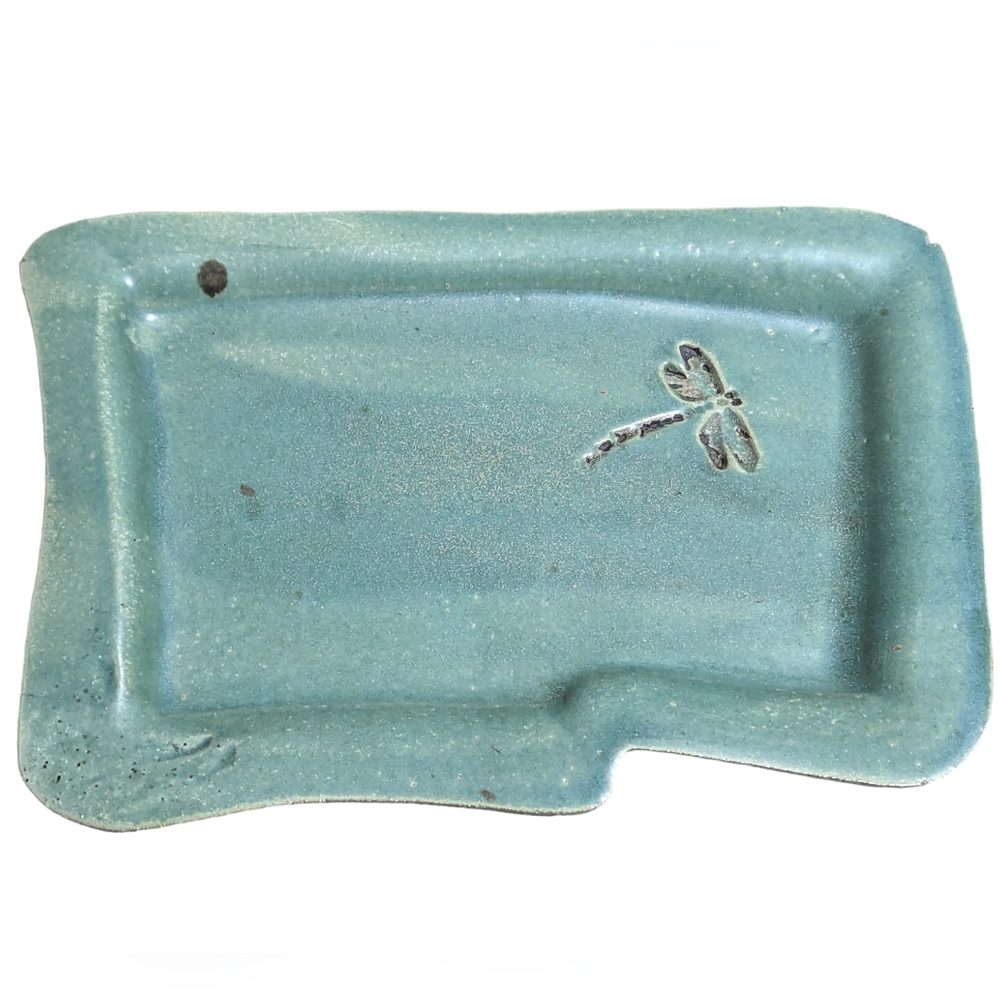 Vintage Cynthia Lee Dragonfly Pottery Tray/Dish Ceramic Sage Asymmetrical Signed